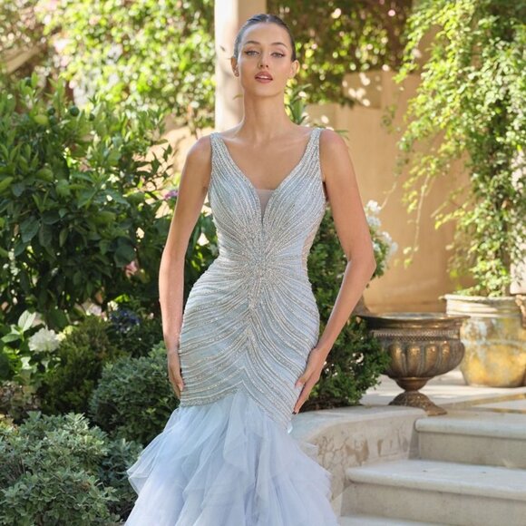 New Blue Sleeveless Evening Dress w/ Ruffled Skirt & Beaded Design CD A1493 - Picture 4 of 9